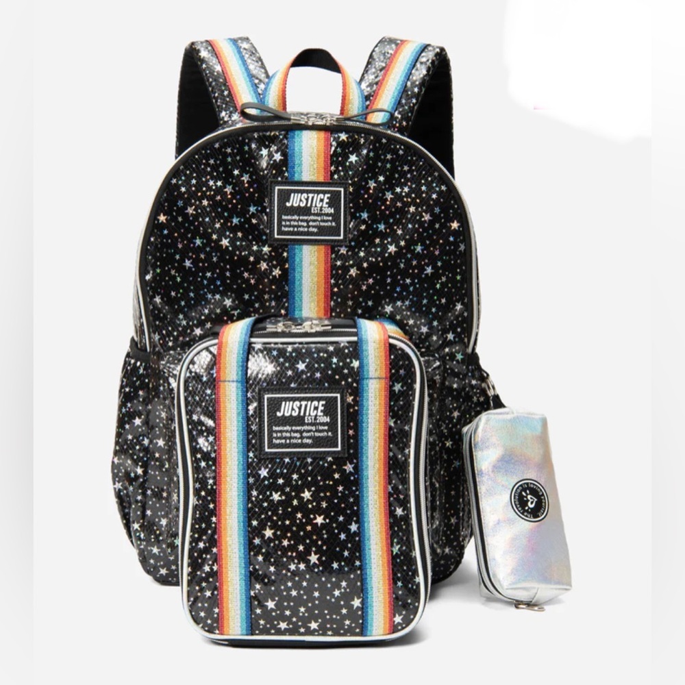 Justice Girls Star Patterned Striped Backpack Set NEW - Picture 1 of 8